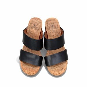 Lucky Brand Magnolia Cork Wedge Sandals Black Leather Slides Boho Comfort Size 8